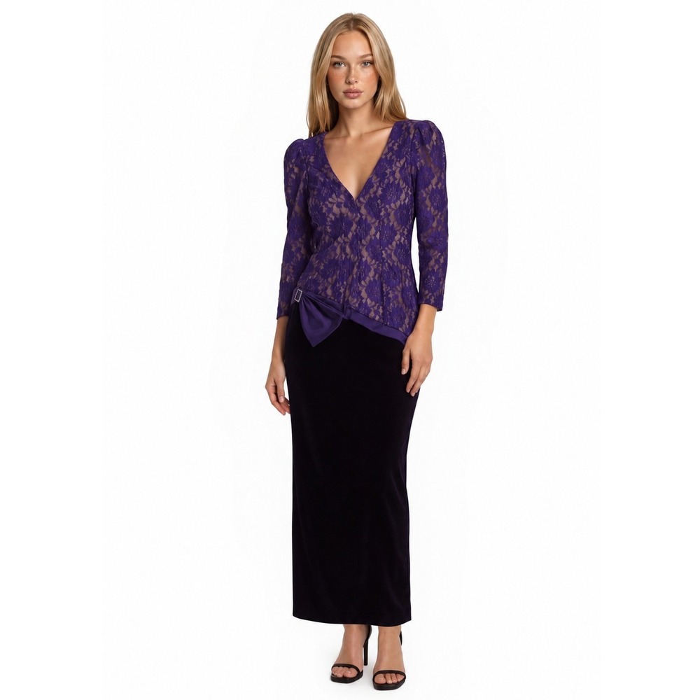 NEW Sylvia Ann Maxi Dress Women's Size 10 Purple Black Lace Velvet Vintage 80s